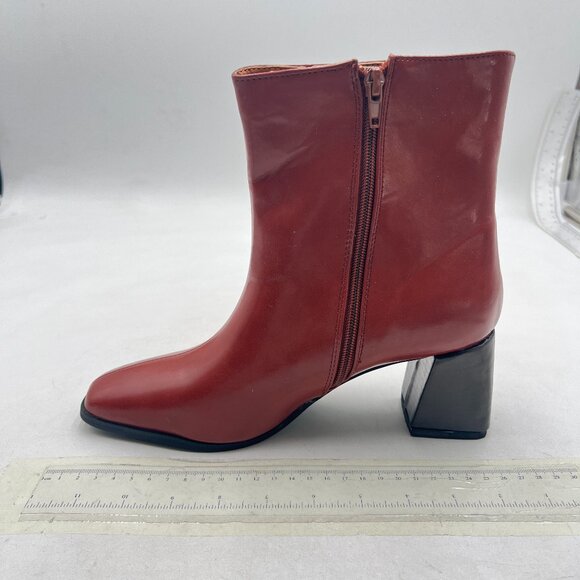 Red Square Toe Ankle Boots Block Heel Side Zipper Mid Calf Fashion Dress Booties - Picture 1 of 7